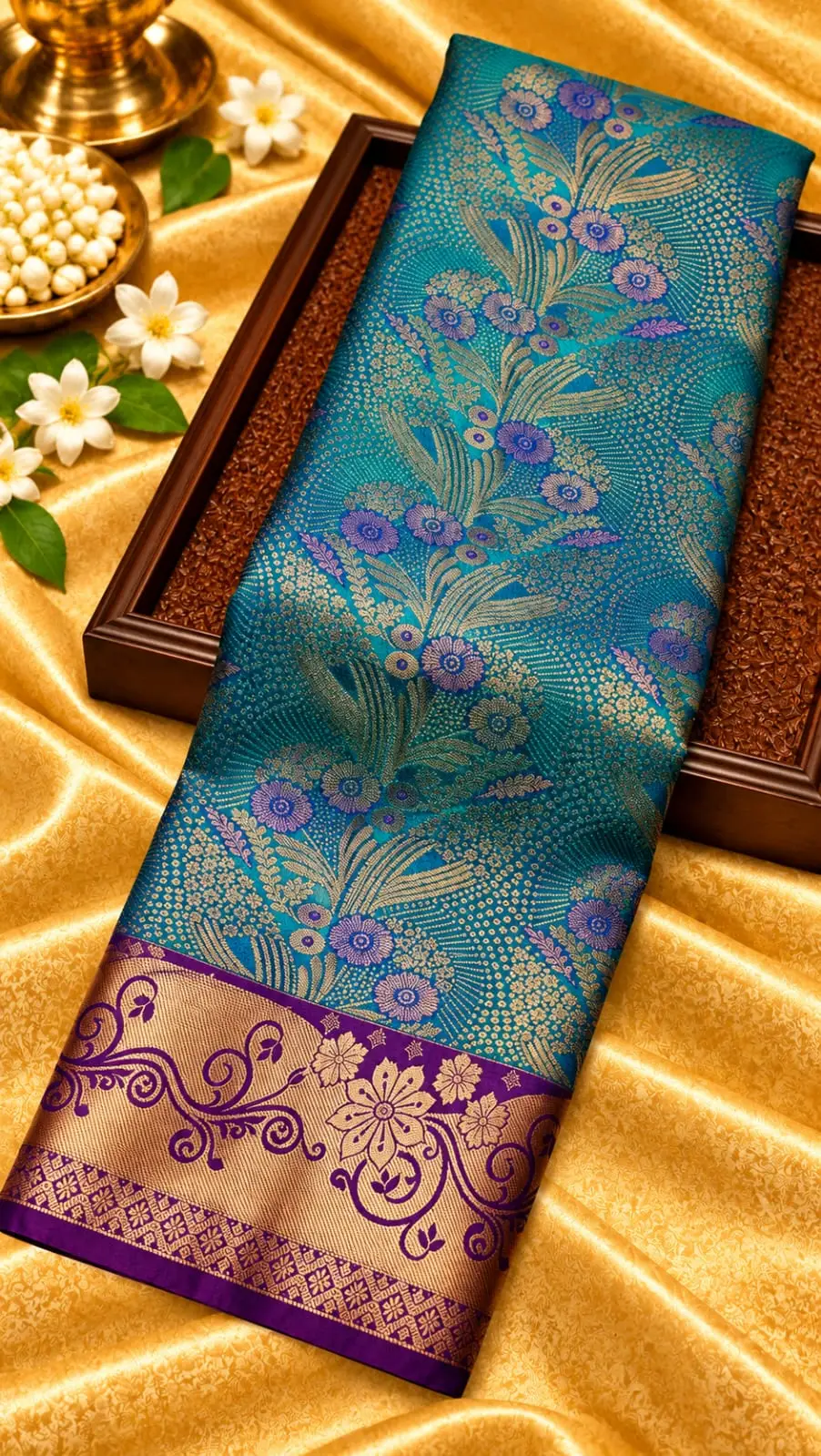 Peacock Blue with Violet Floral Spray Semi Kanchipuram Silk Saree